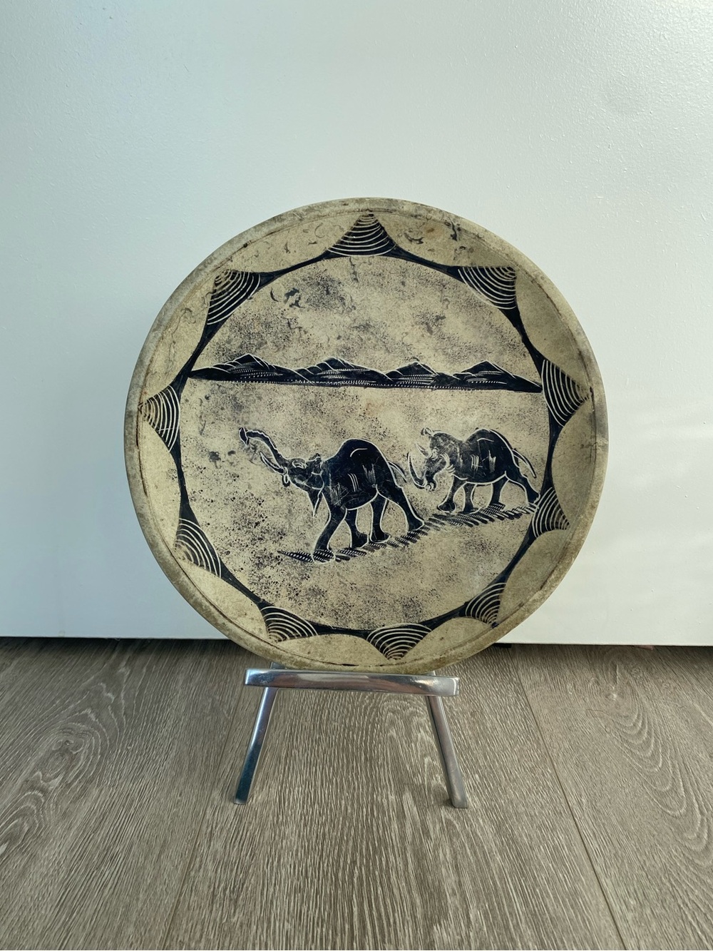 Vintage Stone Handcrafted Elephant Motif Decorative Plate